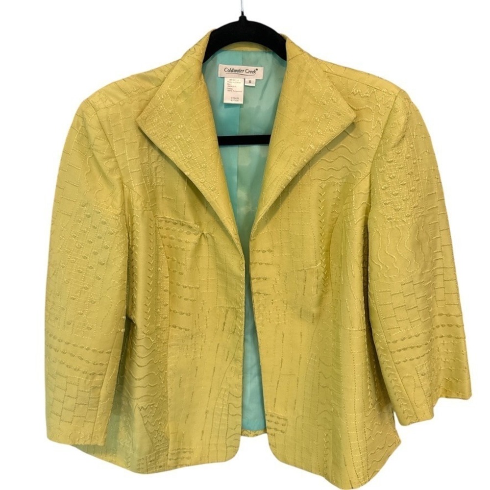 Coldwater Creek Womens Chartreuse 100% Silk Embroidered Blazer Jacket Sz S Boho